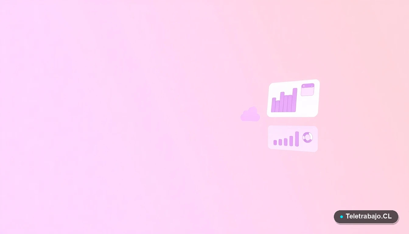 Ilustración abstracta de interfaz de usuario con gráficos y iconos flotantes en tonos lavanda y durazno, sobre fondo degradado lila. Concepto de tecnología y organización.