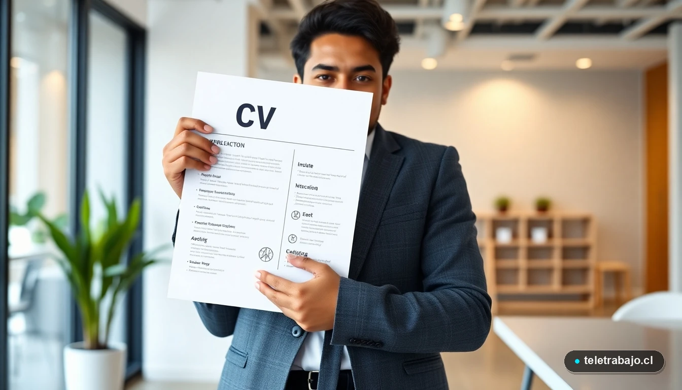 Joven profesional en Chile sosteniendo un CV moderno y minimalista en una oficina