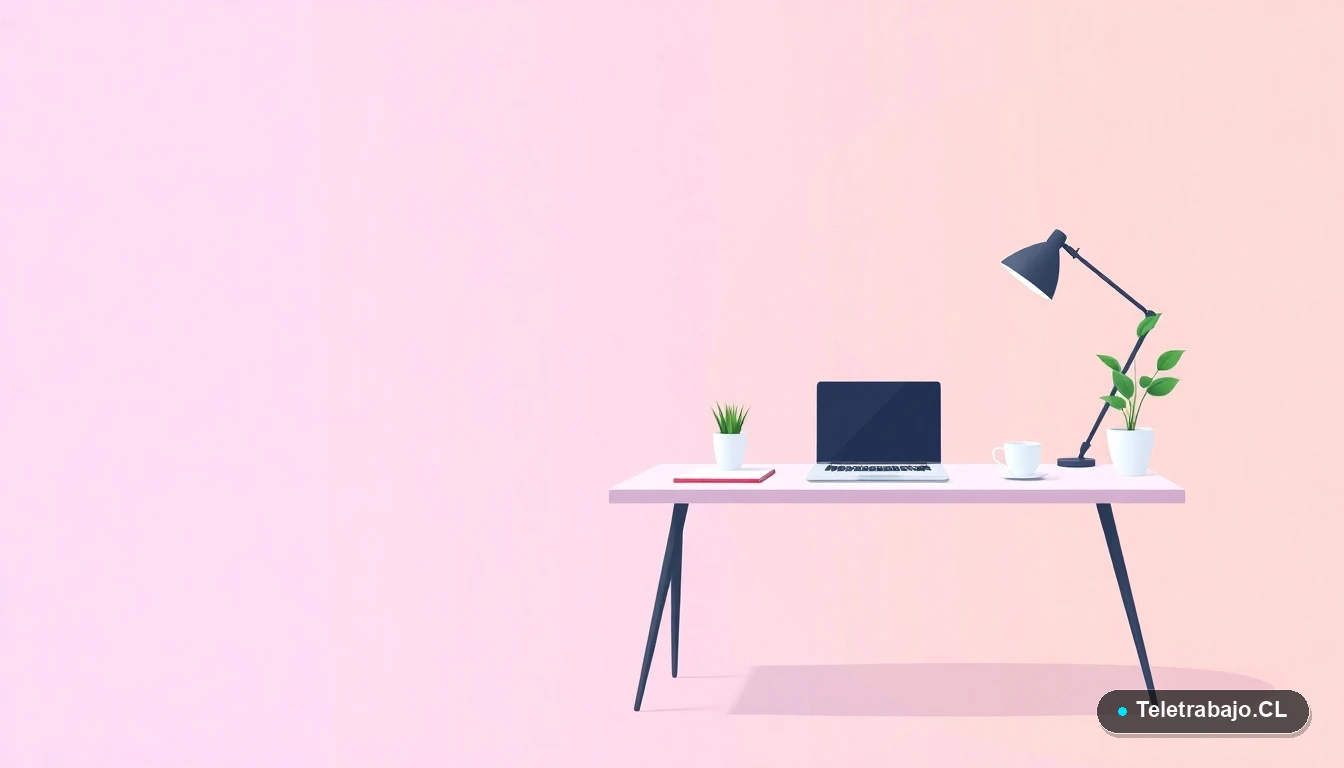 Escritorio moderno minimalista con laptop, cuaderno y café, ilustración vectorial plana con fondo degradado lavanda, concepto de espacio de trabajo profesional.