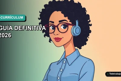 Ilustración plana vectorial de una mujer joven profesional con blusa azul y lentes, sobre fondo gradiente verde azulado, para guía de currículum sin experiencia.