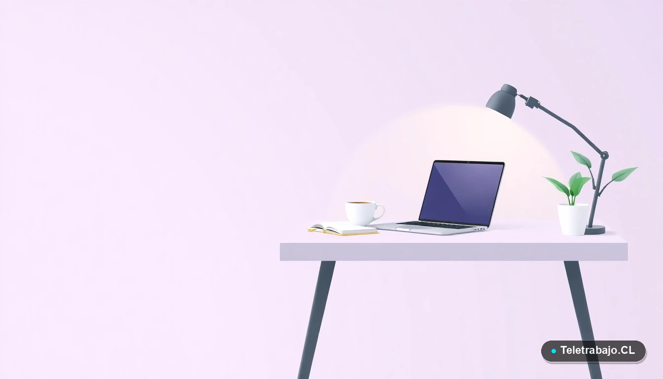 Escritorio moderno minimalista con laptop, cuaderno, taza de café y planta suculenta, ilustración plana sobre fondo gradiente lavanda, concepto de espacio de trabajo profesional.