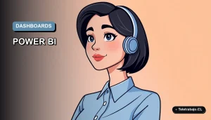 Ilustración vectorial plana de un profesional chileno analizando datos en un dashboard moderno de Power BI y Excel, con fondo degradado azul.