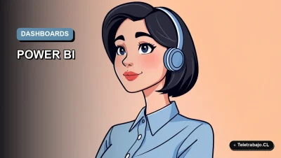 Ilustración vectorial plana de un profesional chileno analizando datos en un dashboard moderno de Power BI y Excel, con fondo degradado azul.