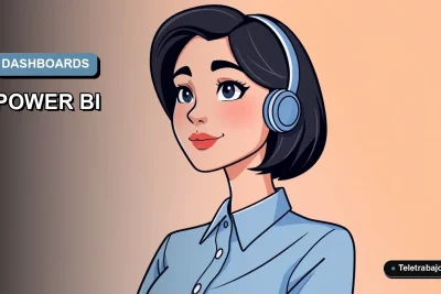 Ilustración vectorial plana de un profesional chileno analizando datos en un dashboard moderno de Power BI y Excel, con fondo degradado azul.