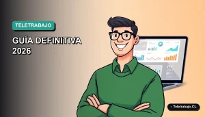 Ilustración vectorial plana de un trabajador remoto masculino en Chile, junto a un dashboard de Excel en pantalla, sobre un fondo degradado verde azulado.