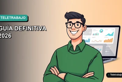 Ilustración vectorial plana de un trabajador remoto masculino en Chile, junto a un dashboard de Excel en pantalla, sobre un fondo degradado verde azulado.