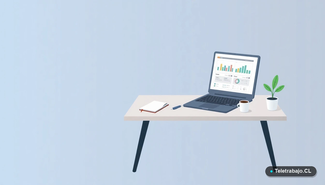 Escritorio moderno y minimalista para teletrabajo en Chile con laptop mostrando un dashboard de Excel, taza de café y planta, sobre fondo degradado.