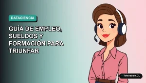 Ilustración vectorial plana de una mujer profesional chilena trabajando en data science de forma remota, con fondo degradado azul verdoso.