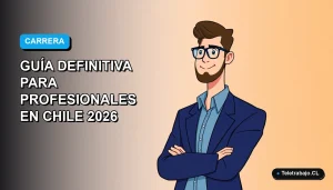 Ilustración plana vectorial de un profesional chileno sonriente, con camisa azul y chaqueta, sobre fondo degradado azul y blanco. Espacio negativo a la izquierda.