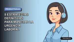 Ilustración plana vectorial de una mujer profesional con blusa azul y corte bob, sobre fondo degradado azul grisáceo, representando control y productividad.