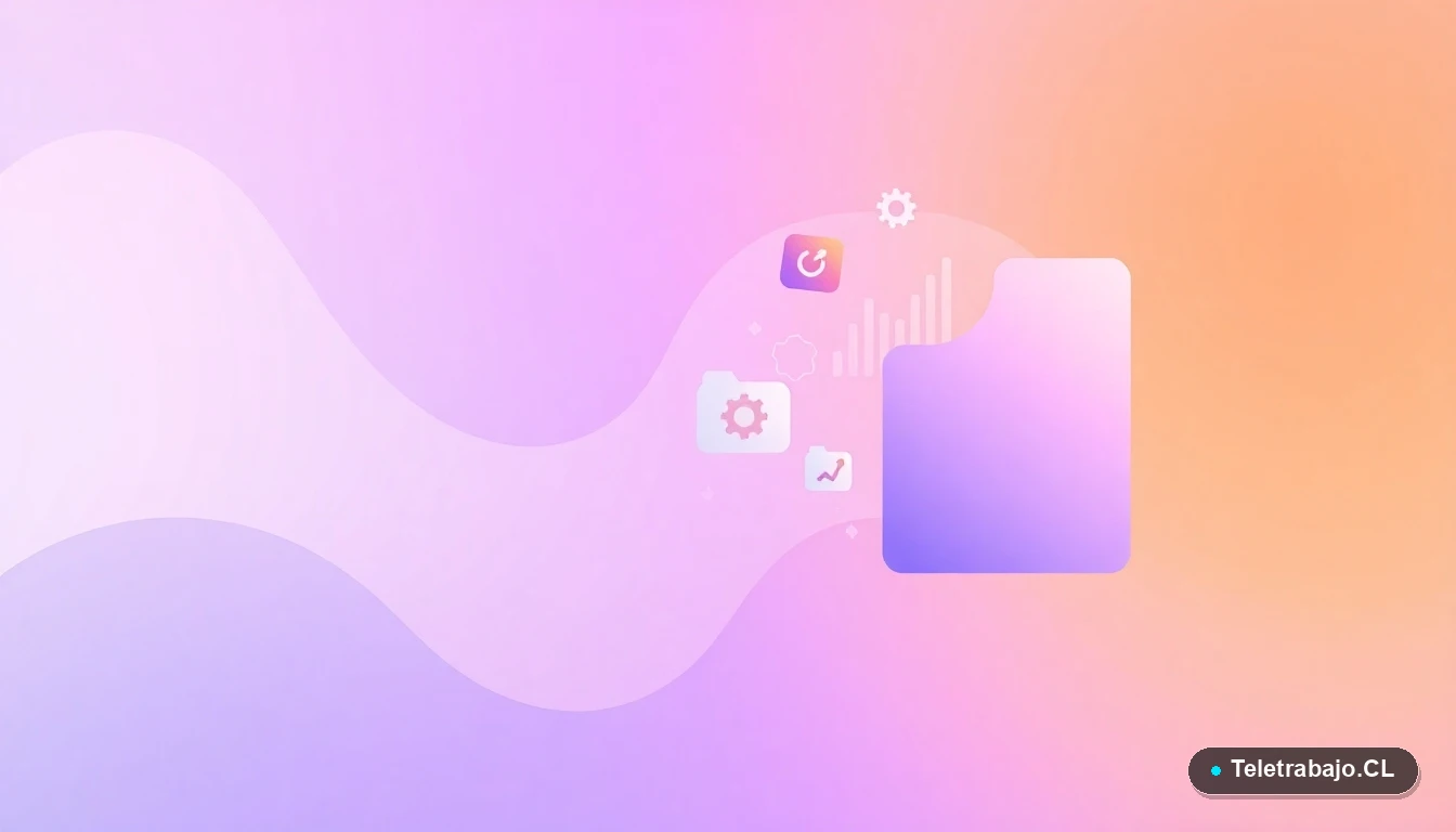 Interfaz de usuario abstracta con gráficos flotantes y iconos de engranajes en tonos lavanda y durazno, sobre fondo degradado.