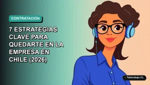 Ilustración vectorial plana de una mujer profesional chilena con blusa azul y lentes, sobre fondo degradado verde azulado, representando la transición de práctica profesional a contrato laboral.