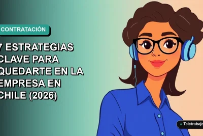 Ilustración vectorial plana de una mujer profesional chilena con blusa azul y lentes, sobre fondo degradado verde azulado, representando la transición de práctica profesional a contrato laboral.