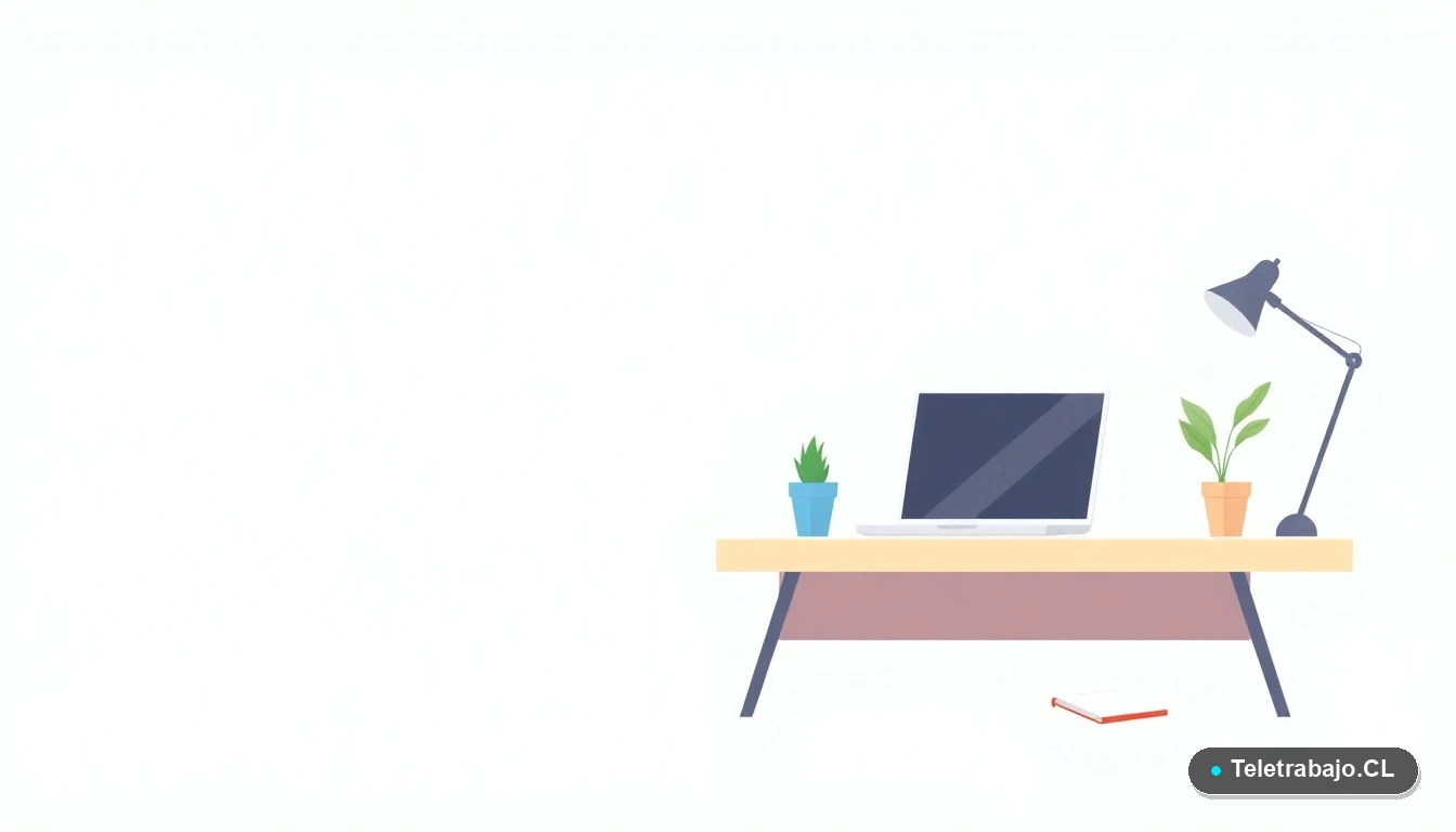 Escritorio moderno minimalista con laptop, cuaderno, taza de café y planta, sobre fondo degradado verde menta, concepto de espacio de trabajo profesional en Chile.