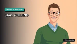 Ilustración vectorial plana de estilo premium que representa el éxito de un startup SaaS chileno, con un trabajador tech moderno y fondo minimalista.