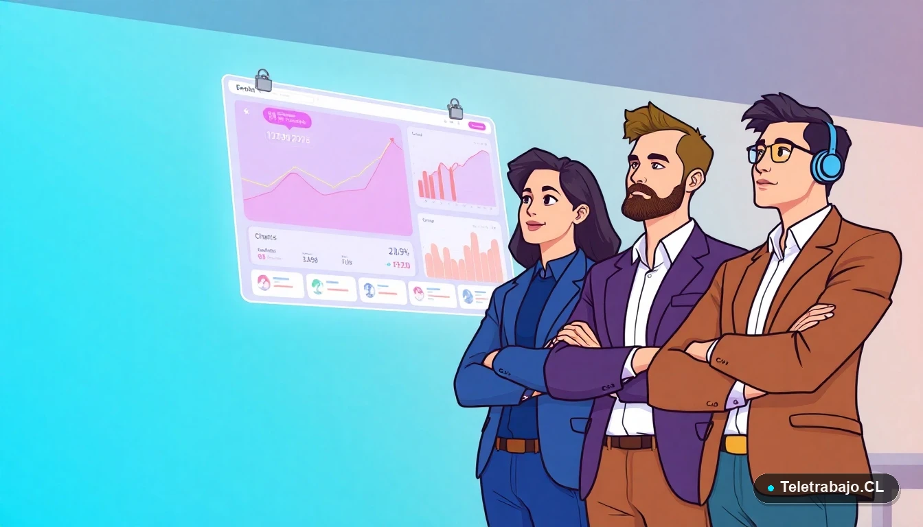 Equipo chileno de startup SaaS analizando datos de crecimiento exitoso en una pantalla digital.