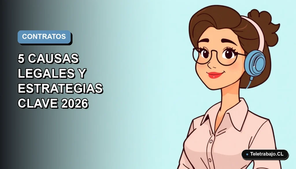 Ilustración vectorial plana de una trabajadora remota chilena, estilo Corporate Memphis, con fondo degradado azul, sobre causas legales para cambio de contrato temporal a indefinido.