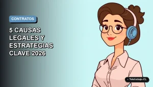 Ilustración vectorial plana de una trabajadora remota chilena, estilo Corporate Memphis, con fondo degradado azul, sobre causas legales para cambio de contrato temporal a indefinido.