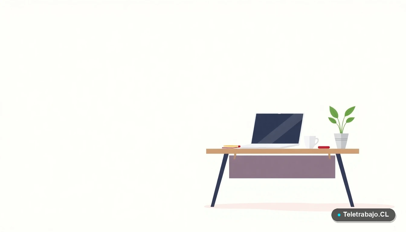 Escritorio moderno minimalista con laptop y elementos de oficina, ilustración vectorial plana con fondo degradado verde menta, representando estrategias laborales.