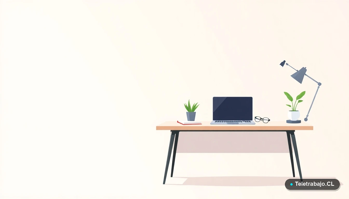 Escritorio moderno vacío con laptop, cuaderno, planta y lentes, ilustración plana para artículo sobre derecho laboral a anteojos en Chile.