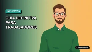 Ilustración vectorial plana de un trabajador remoto chileno revisando su declaración de impuestos en una laptop, con fondo degradado azul verdoso.