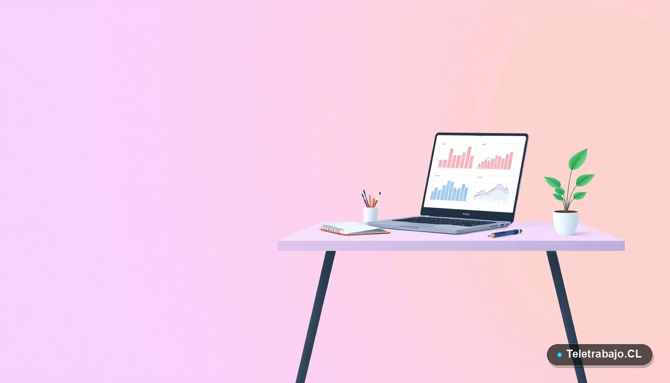 Escritorio moderno minimalista con laptop, gráficos abstractos y una planta, representando la planificación de impuestos, sobre fondo degradado lila y durazno.