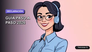 Ilustración vectorial plana de una trabajadora remota chilena con blusa azul, sonriendo, sobre un fondo degradado lavanda y blanco. Concepto de declaración de renta y subsidio por desempleo.