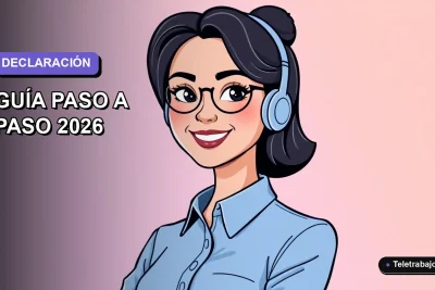 Ilustración vectorial plana de una trabajadora remota chilena con blusa azul, sonriendo, sobre un fondo degradado lavanda y blanco. Concepto de declaración de renta y subsidio por desempleo.