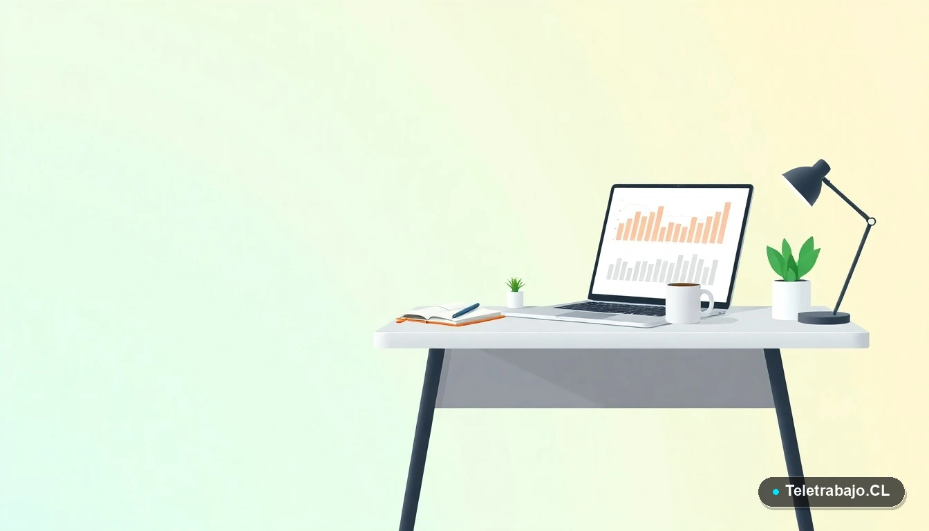 Escritorio moderno minimalista con laptop, gráficos abstractos, una planta y una taza de café sobre un fondo degradado verde menta. Representación de la preparación de la declaración de renta.