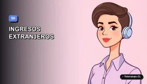 Ilustración vectorial plana de estilo premium que muestra a una mujer profesional chilena, representando la declaración de ingresos del extranjero ante el SII. Fondo con gradiente suave.