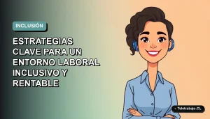 Ilustración vectorial plana de una mujer profesional de teletrabajo, con blusa azul y cortesía moderna, sobre fondo degradado suave en tonos teal y blanco. Representa la inclusión laboral en Chile.