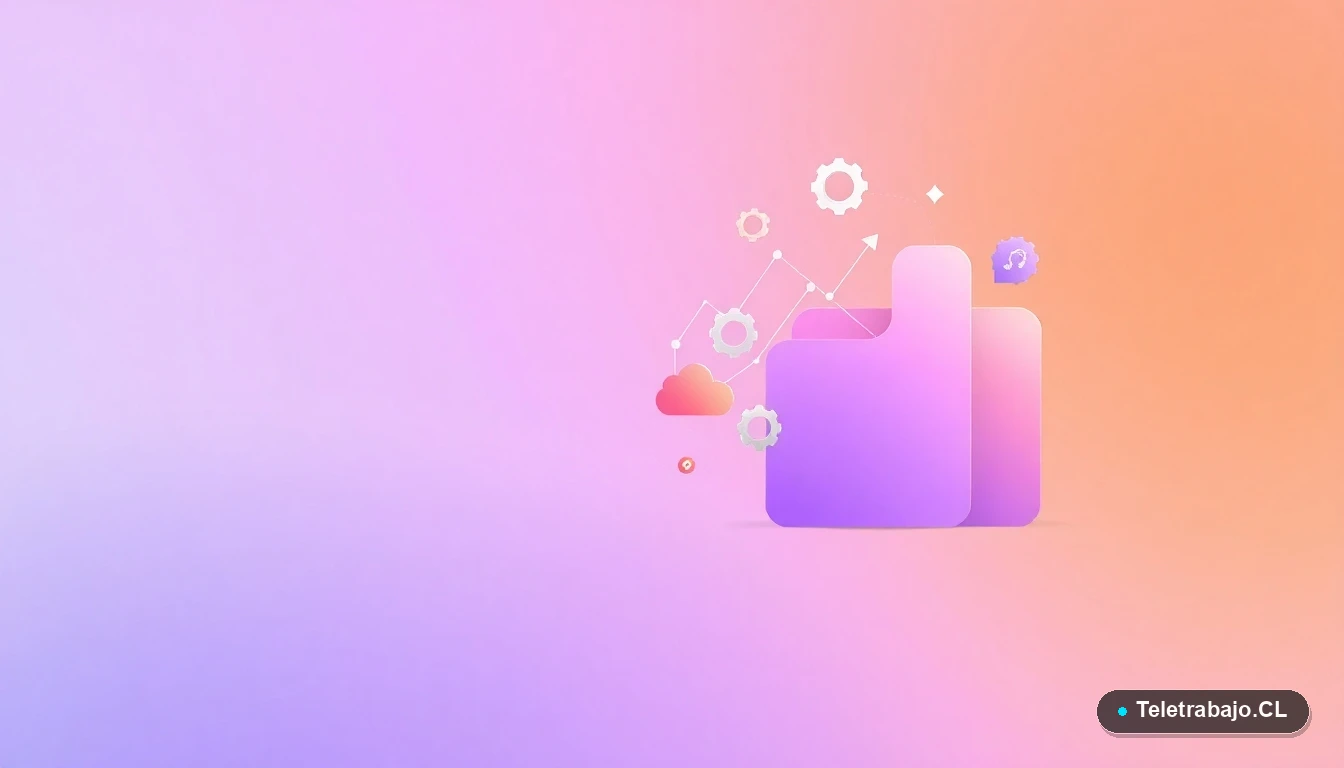 Composición abstracta de interfaz de usuario tecnológica con gráficos, engranajes y carpetas flotantes en colores lavanda y durazno, sobre fondo degradado gris pizarra. Representa estrategias y datos de DEI.