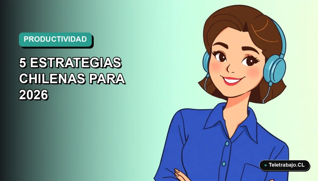 Ilustración vectorial plana de una mujer chilena profesional de teletrabajo con blusa azul, sonriendo, sobre fondo degradado verde azulado. Espacio negativo a la izquierda.