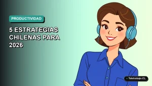 Ilustración vectorial plana de una mujer chilena profesional de teletrabajo con blusa azul, sonriendo, sobre fondo degradado verde azulado. Espacio negativo a la izquierda.