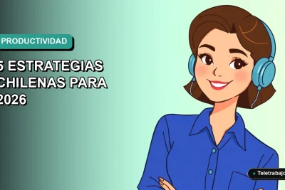 Ilustración vectorial plana de una mujer chilena profesional de teletrabajo con blusa azul, sonriendo, sobre fondo degradado verde azulado. Espacio negativo a la izquierda.