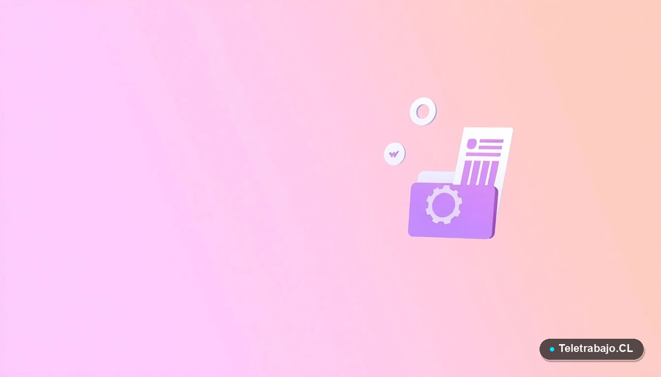 Elementos de interfaz de usuario abstractos y modernos, como gráficos y engranajes flotantes en estilo vectorial plano, sobre fondo degradado lila y durazno.