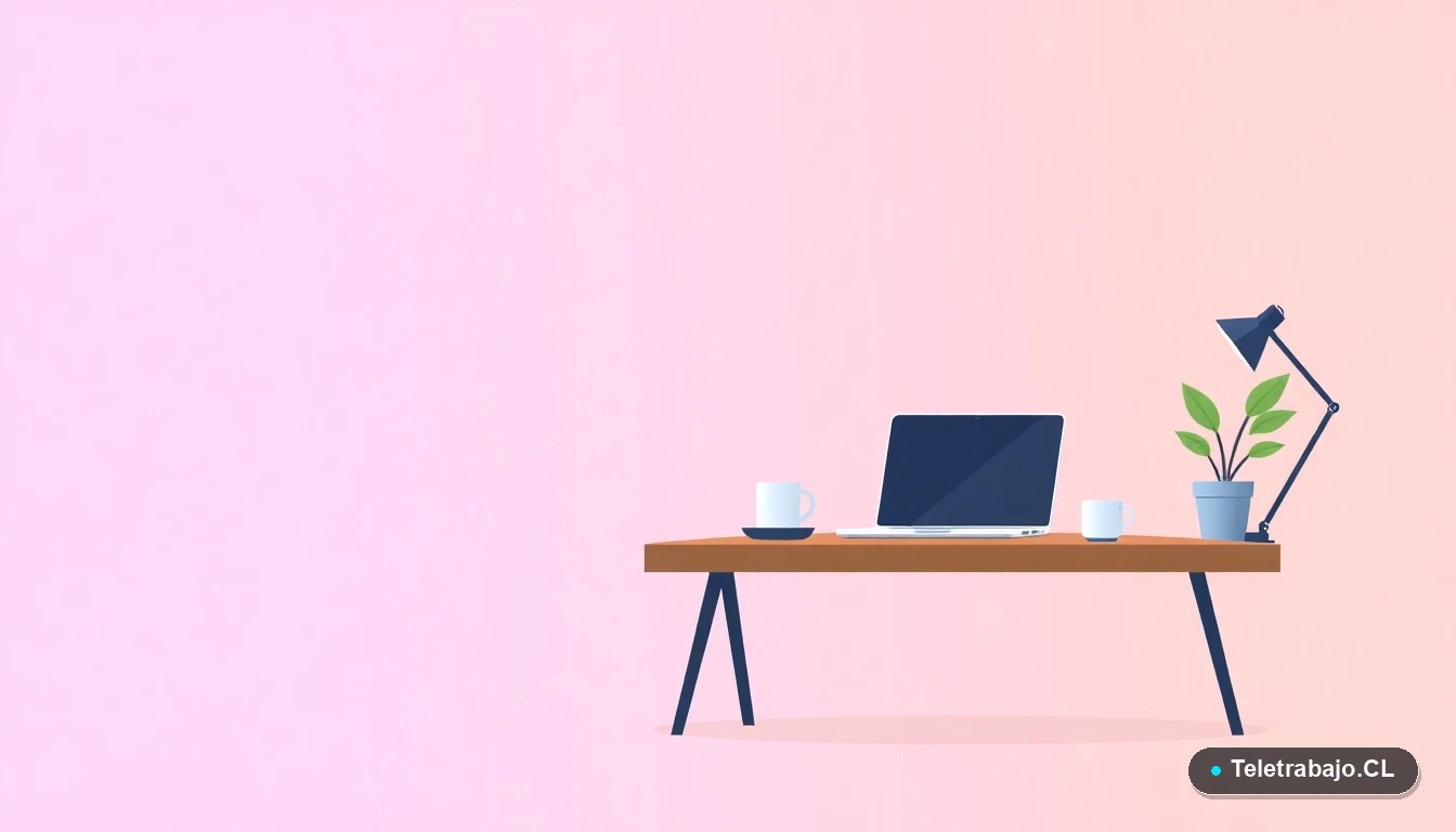 Ilustración vectorial de un escritorio moderno vacío con laptop, planta y taza de café, sobre fondo degradado lavanda y durazno. Concepto de espacio de trabajo limpio.