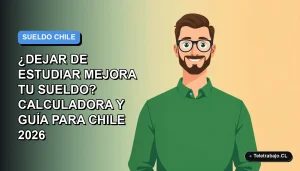 Ilustración vectorial plana de un trabajador remoto masculino con suéter verde, sobre un fondo degradado azul. Representa el análisis profesional de salarios y educación en Chile.