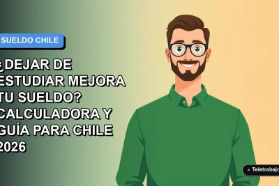 Ilustración vectorial plana de un trabajador remoto masculino con suéter verde, sobre un fondo degradado azul. Representa el análisis profesional de salarios y educación en Chile.