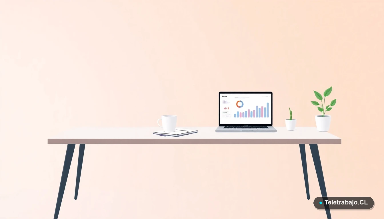 Escritorio moderno minimalista con laptop, gráficos abstractos, taza de café y planta. Fondo degradado lavanda y durazno, concepto de espacio de trabajo profesional y análisis de datos.