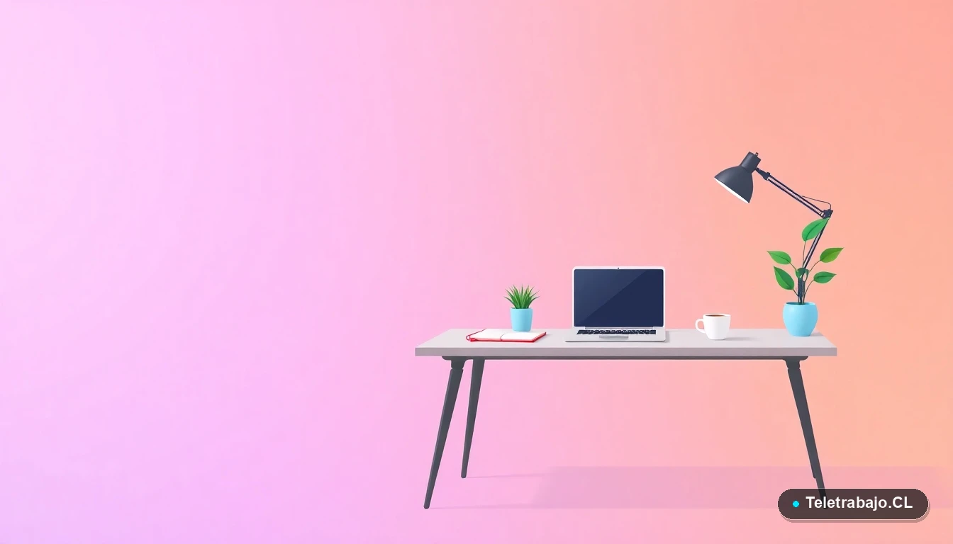 Escritorio moderno minimalista con laptop, cuaderno, taza de café y una planta, estilo ilustración vectorial plana. Fondo con gradiente lila y melocotón.