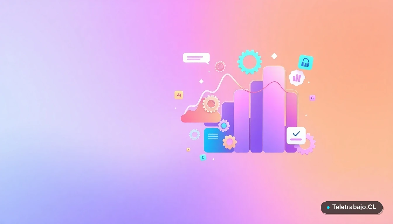 Composición abstracta de interfaz tecnológica con gráficos y engranajes flotantes, sobre fondo degradado azul y menta, simbolizando el análisis y la mejora continua en el trabajo.