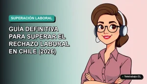 Ilustración plana vectorial de una mujer profesional chilena con expresión de confianza, fondo degradado azul verdoso.