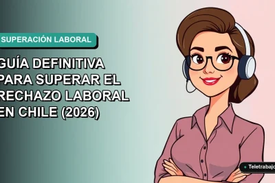 Ilustración plana vectorial de una mujer profesional chilena con expresión de confianza, fondo degradado azul verdoso.