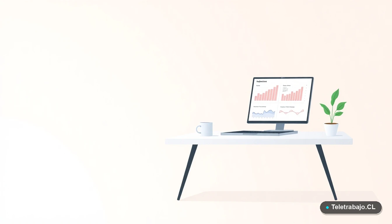 Escritorio moderno minimalista con laptop, gráficos abstractos, taza de café y planta, sobre fondo degradado menta.