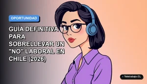 Ilustración vectorial plana de una mujer profesional chilena con expresión resiliente, sobre fondo degradado azul y gris. Concepto de superación tras un no en una entrevista de trabajo.