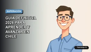 Ilustración plana vectorial de un hombre profesional chileno sonriendo, con camisa azul y lentes, sobre un fondo degradado azul y gris. Espacio negativo a la izquierda.