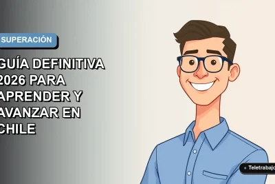 Ilustración plana vectorial de un hombre profesional chileno sonriendo, con camisa azul y lentes, sobre un fondo degradado azul y gris. Espacio negativo a la izquierda.