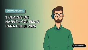 Ilustración plana corporativa de un trabajador remoto masculino con suéter verde, mirando con confianza, sobre un fondo degradado suave de color teal. Espacio negativo a la izquierda.