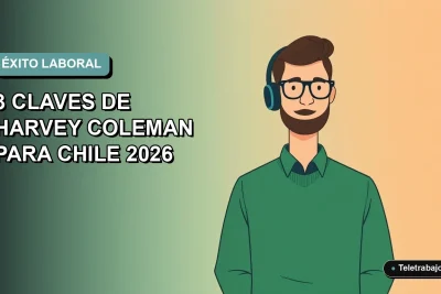 Ilustración plana corporativa de un trabajador remoto masculino con suéter verde, mirando con confianza, sobre un fondo degradado suave de color teal. Espacio negativo a la izquierda.